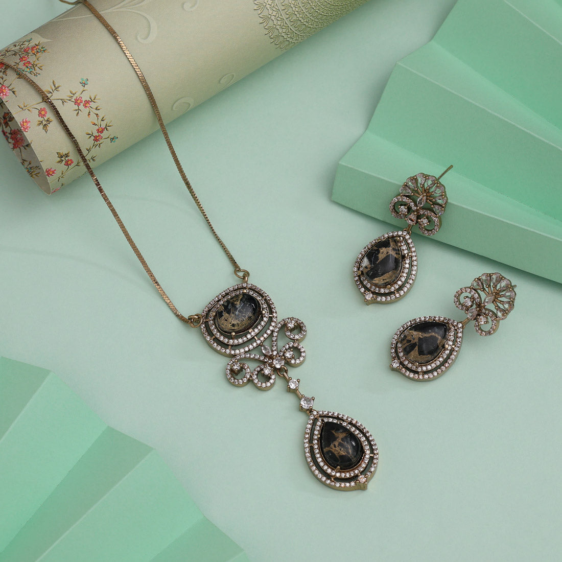 Glossy Black Color American Diamond Necklace Set For High-End Evening Wear