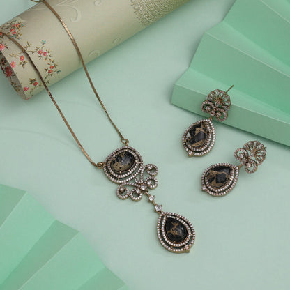 Glossy Black Color American Diamond Necklace Set For High-End Evening Wear