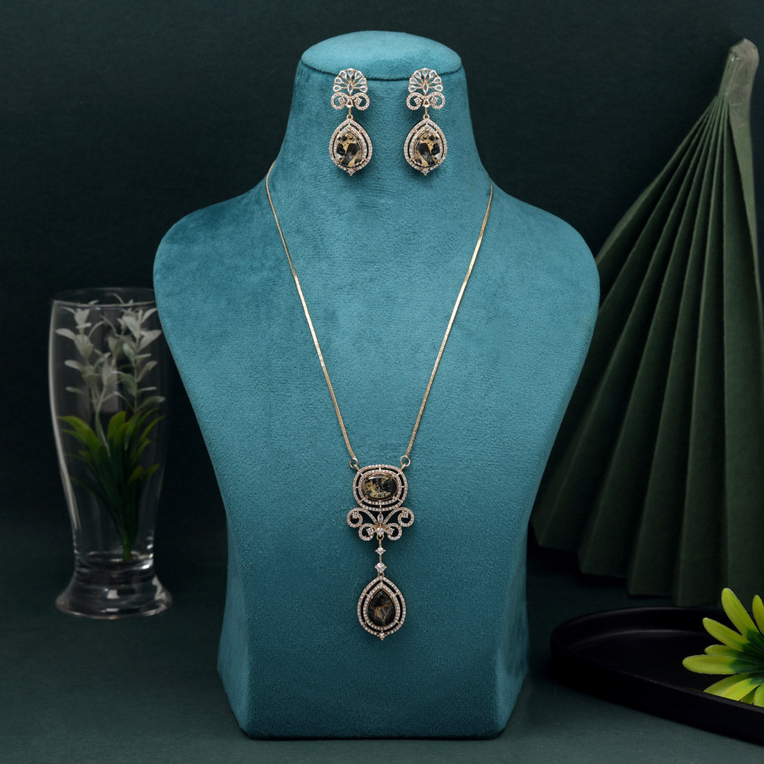 Glossy Black Color American Diamond Necklace Set For High-End Evening Wear