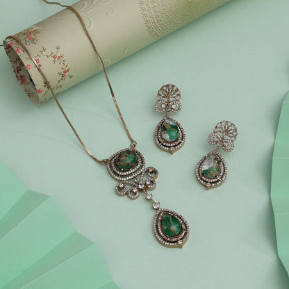 Green Color American Diamond Necklace Set With Polished Finish For Festive Looks