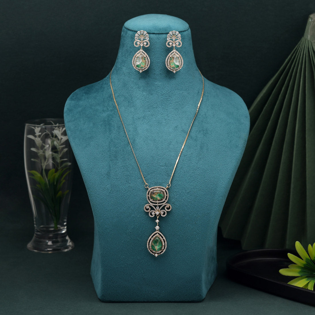Green Color American Diamond Necklace Set With Polished Finish For Festive Looks