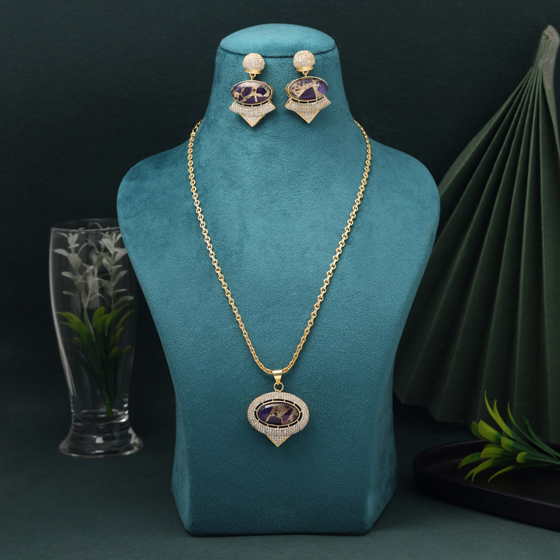 Regal Purple Color American Diamond Necklace Set For Grand Traditional Functions