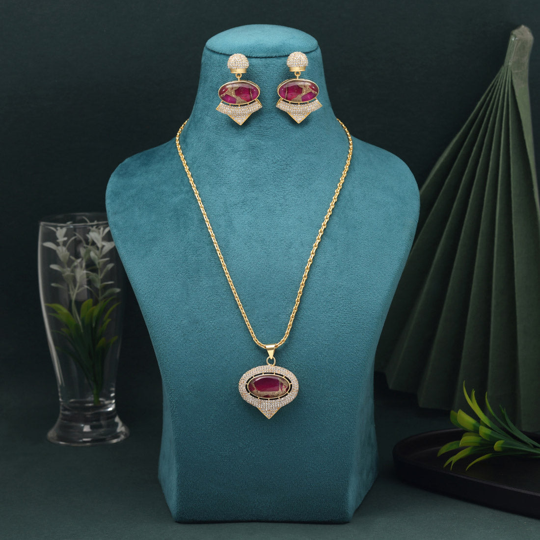 Rani Color American Diamond Necklace Set With Fancy Detailing For Bridal Wear