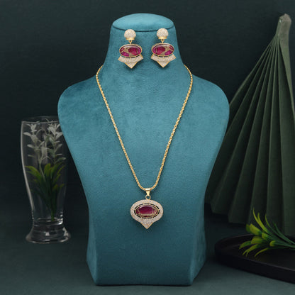 Rani Color American Diamond Necklace Set With Fancy Detailing For Bridal Wear