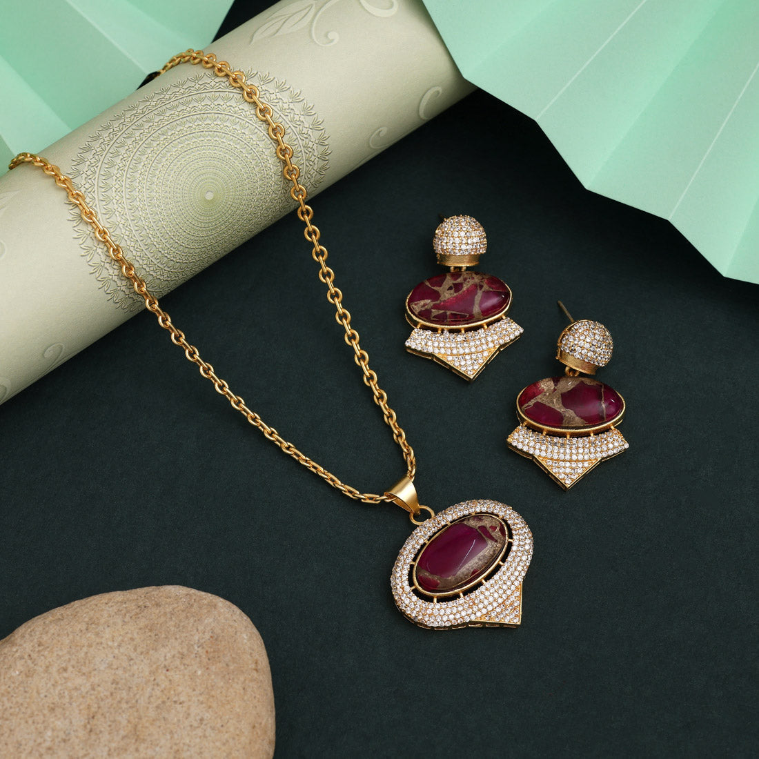 Rani Color American Diamond Necklace Set With Fancy Detailing For Bridal Wear