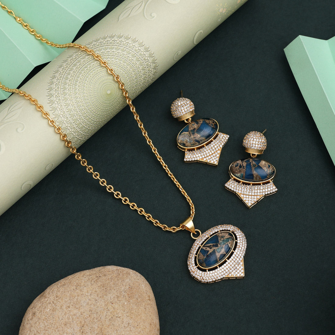Turquoise Blue Color American Diamond Necklace Set With Crystal Gem Embellishments