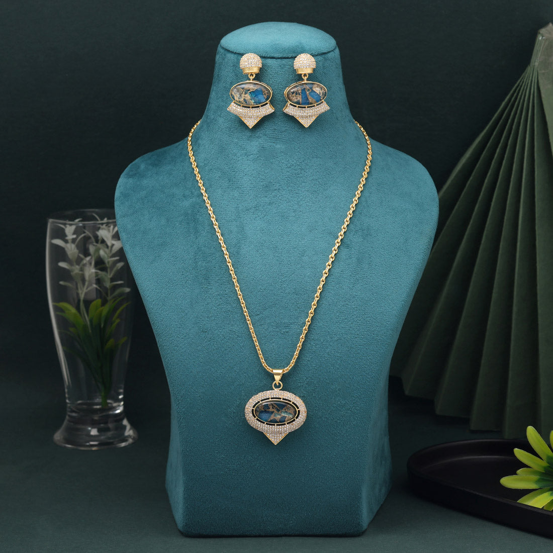 Turquoise Blue Color American Diamond Necklace Set With Crystal Gem Embellishments