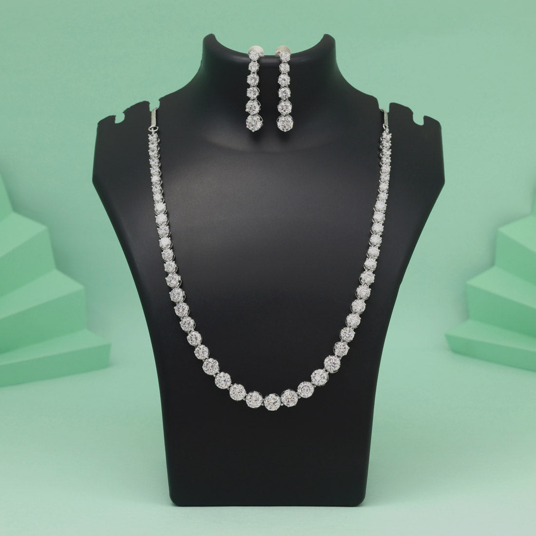 Silver Color American Diamond Necklace Set With Polished Modern Stone Craft