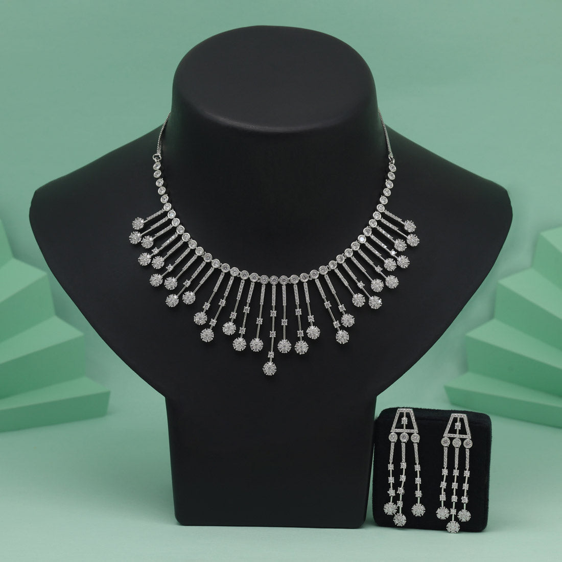 Silver Color American Diamond Necklace Set For Stylish Festive Party Wear