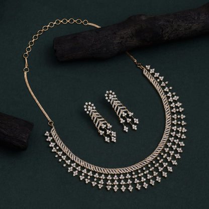 White Color American Diamond Necklace Set Featuring Intricate Polished Detailing