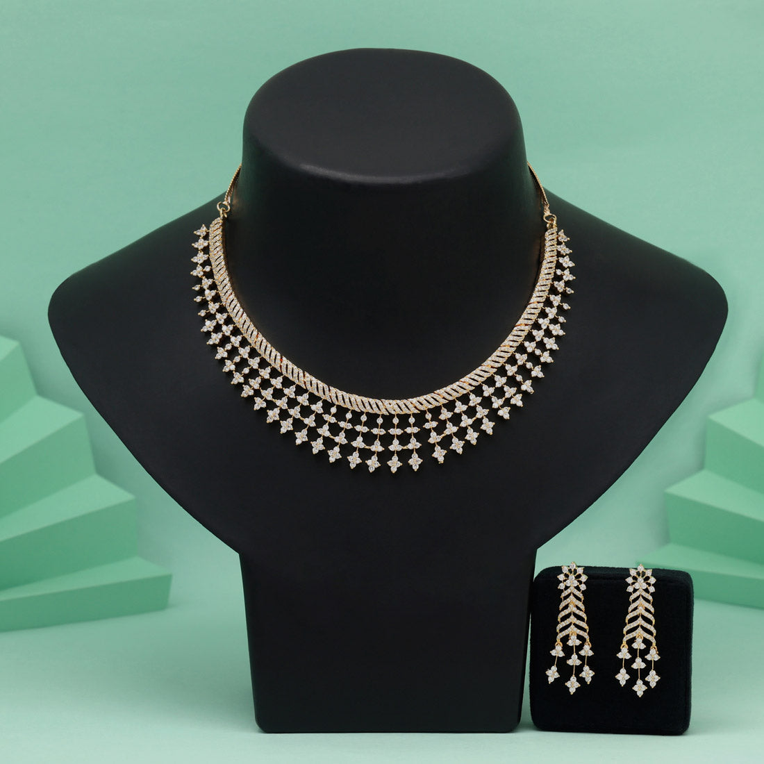 White Color American Diamond Necklace Set Featuring Intricate Polished Detailing