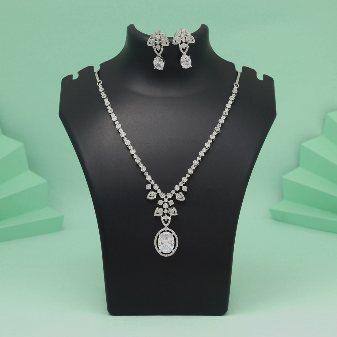 Silver Color American Diamond Necklace Set With Timeless Radiant Stone Detailing