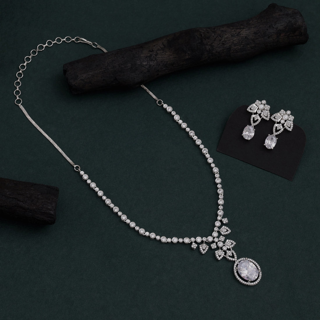 Silver Color American Diamond Necklace Set With Timeless Radiant Stone Detailing