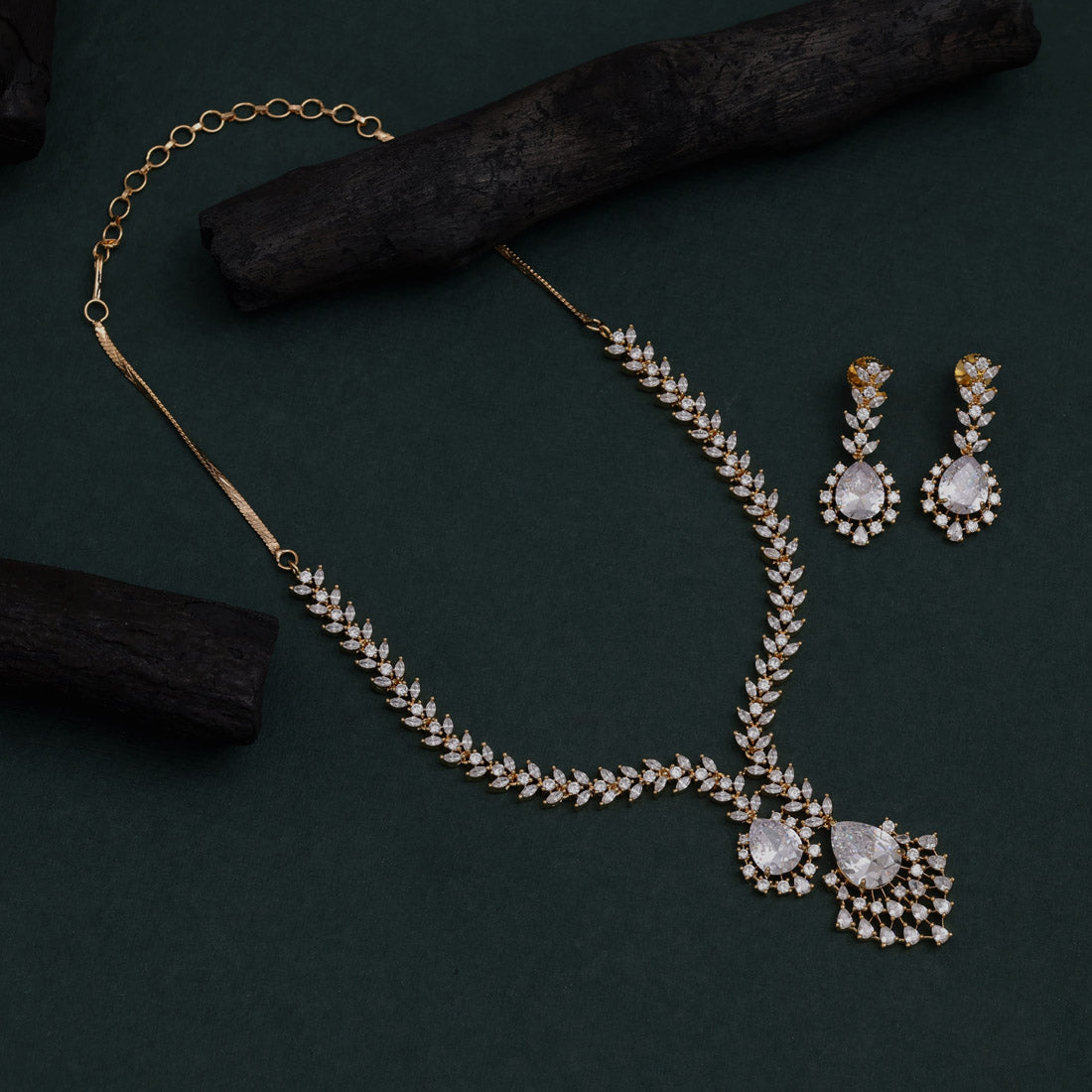 White Color American Diamond Necklace Set For Chic Engagement Or Sangeet Wear