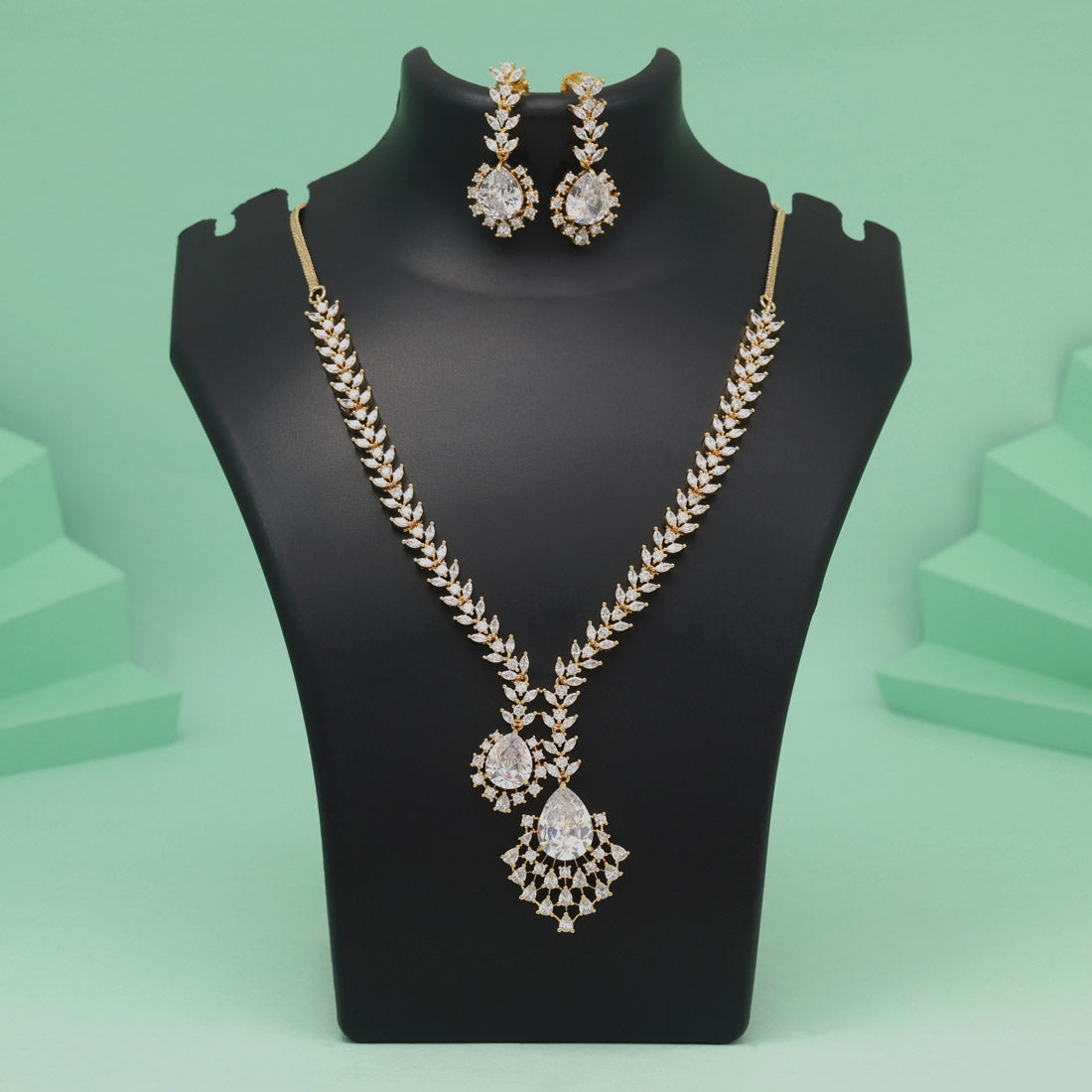 White Color American Diamond Necklace Set For Chic Engagement Or Sangeet Wear