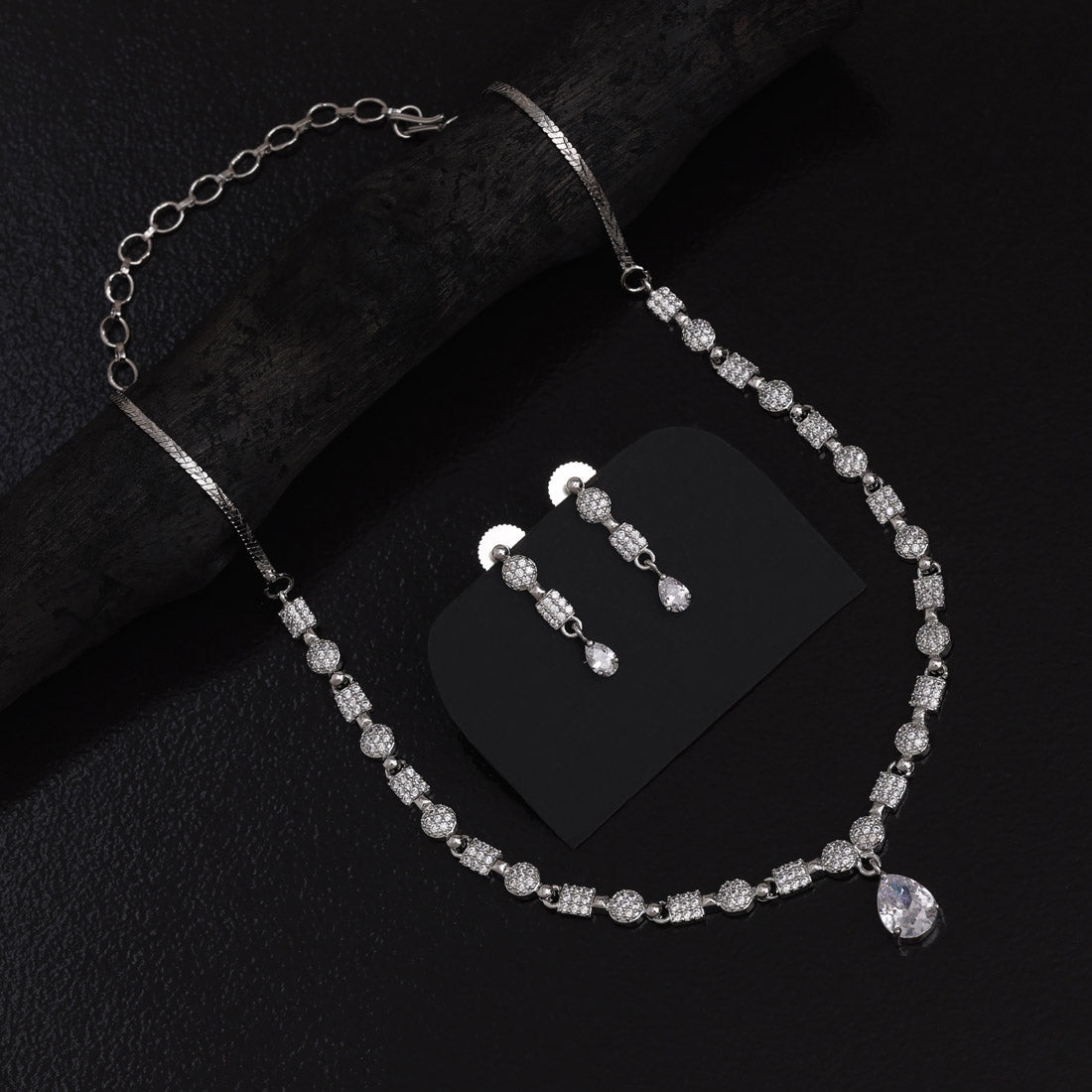 Silver Color American Diamond Necklace Set With Artisanal Touch And Bright Finish