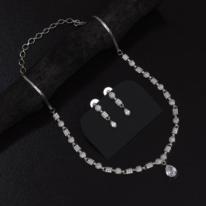 Silver Color American Diamond Necklace Set With Artisanal Touch And Bright Finish