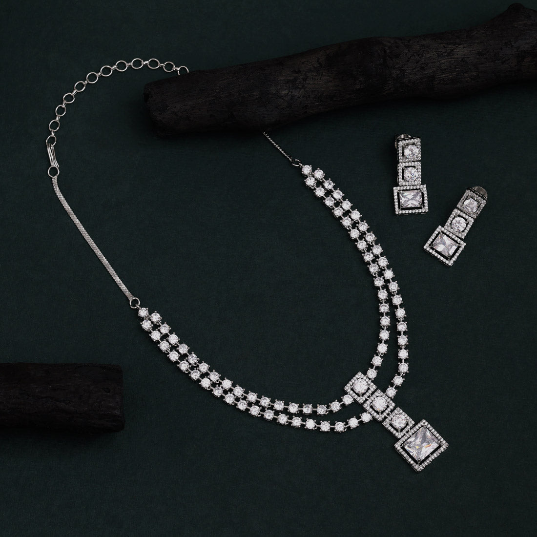 Silver Color American Diamond Necklace Set For Modern Bridal And Party Ensembles