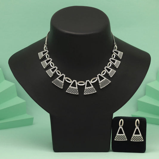 Silver Color American Diamond Necklace Set With High Shine And Smooth Texture