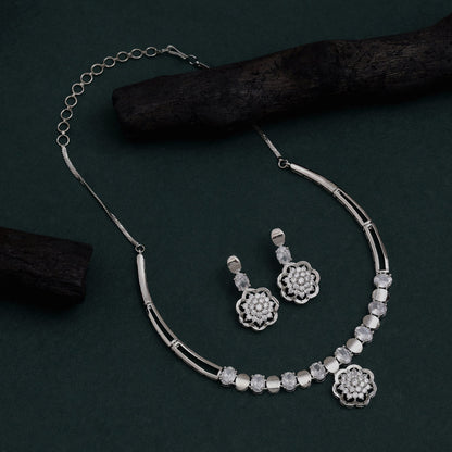Silver Color American Diamond Necklace Set Designed For Elegant Day Or Night Wear