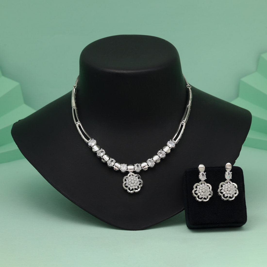 Silver Color American Diamond Necklace Set Designed For Elegant Day Or Night Wear