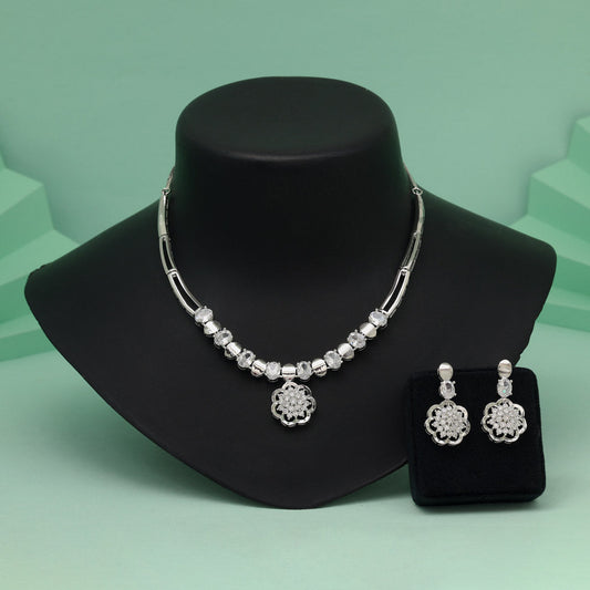 Silver Color American Diamond Necklace Set Designed For Elegant Day Or Night Wear