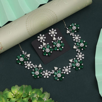 Green Color American Diamond Necklace Set With Sparkling Gems For Ethnic Outfits