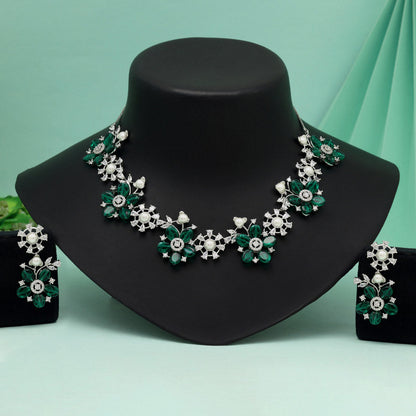 Green Color American Diamond Necklace Set With Sparkling Gems For Ethnic Outfits