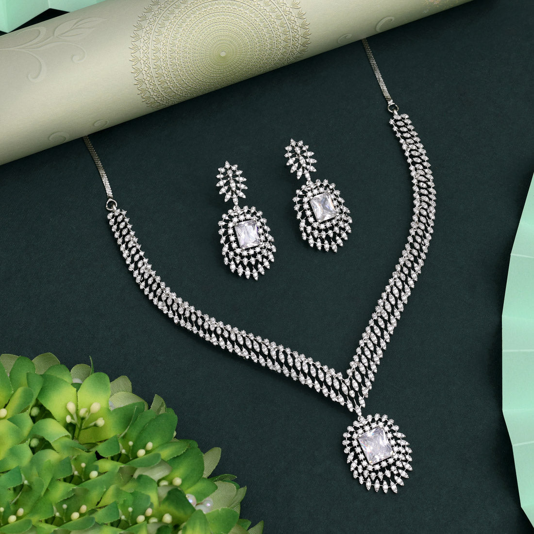 Silver Color American Diamond Necklace Set With Contemporary Shine And Detailing