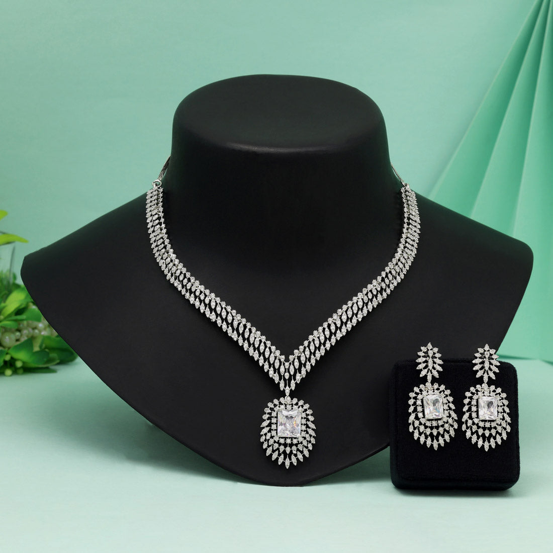 Silver Color American Diamond Necklace Set With Contemporary Shine And Detailing