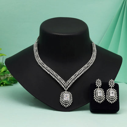 Silver Color American Diamond Necklace Set With Contemporary Shine And Detailing