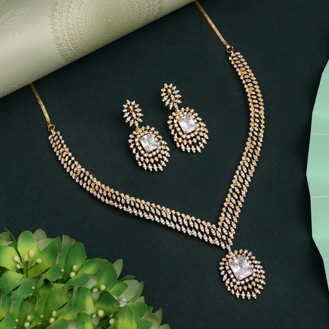 White Color American Diamond Necklace Set With Pearly Shine And Traditional Design