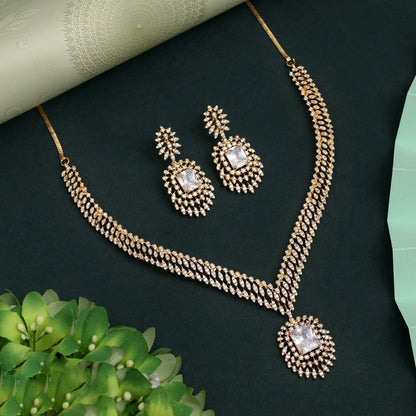 White Color American Diamond Necklace Set With Pearly Shine And Traditional Design