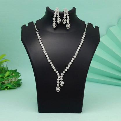 Silver Color American Diamond Necklace Set For Party Looks With Rich Appearance