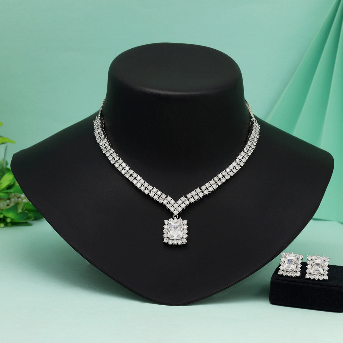 Silver Color American Diamond Necklace Set With Luxurious Shine And Crystal Touch