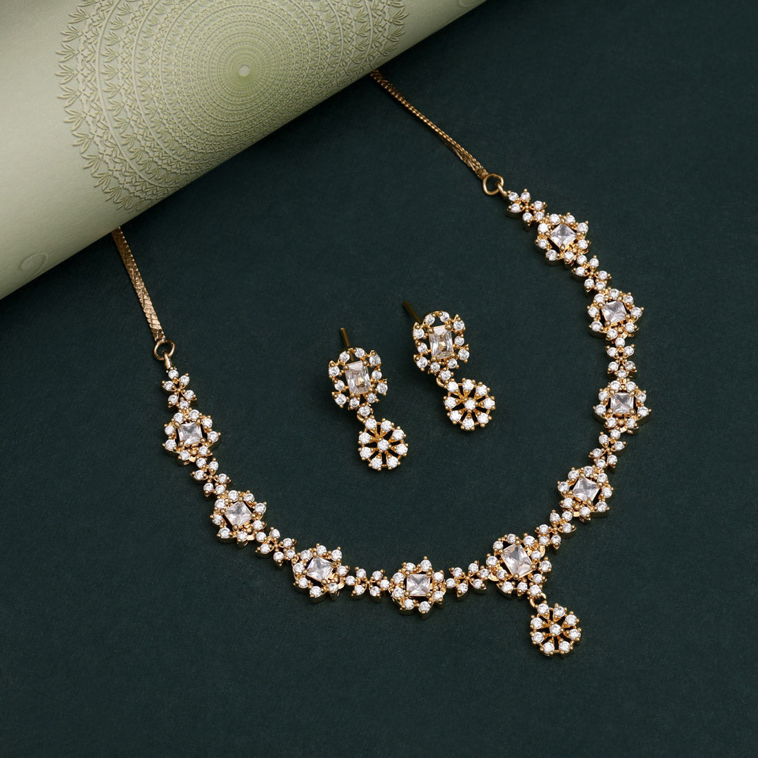 White Color American Diamond Necklace Set With Stylish Gemstone Center Design