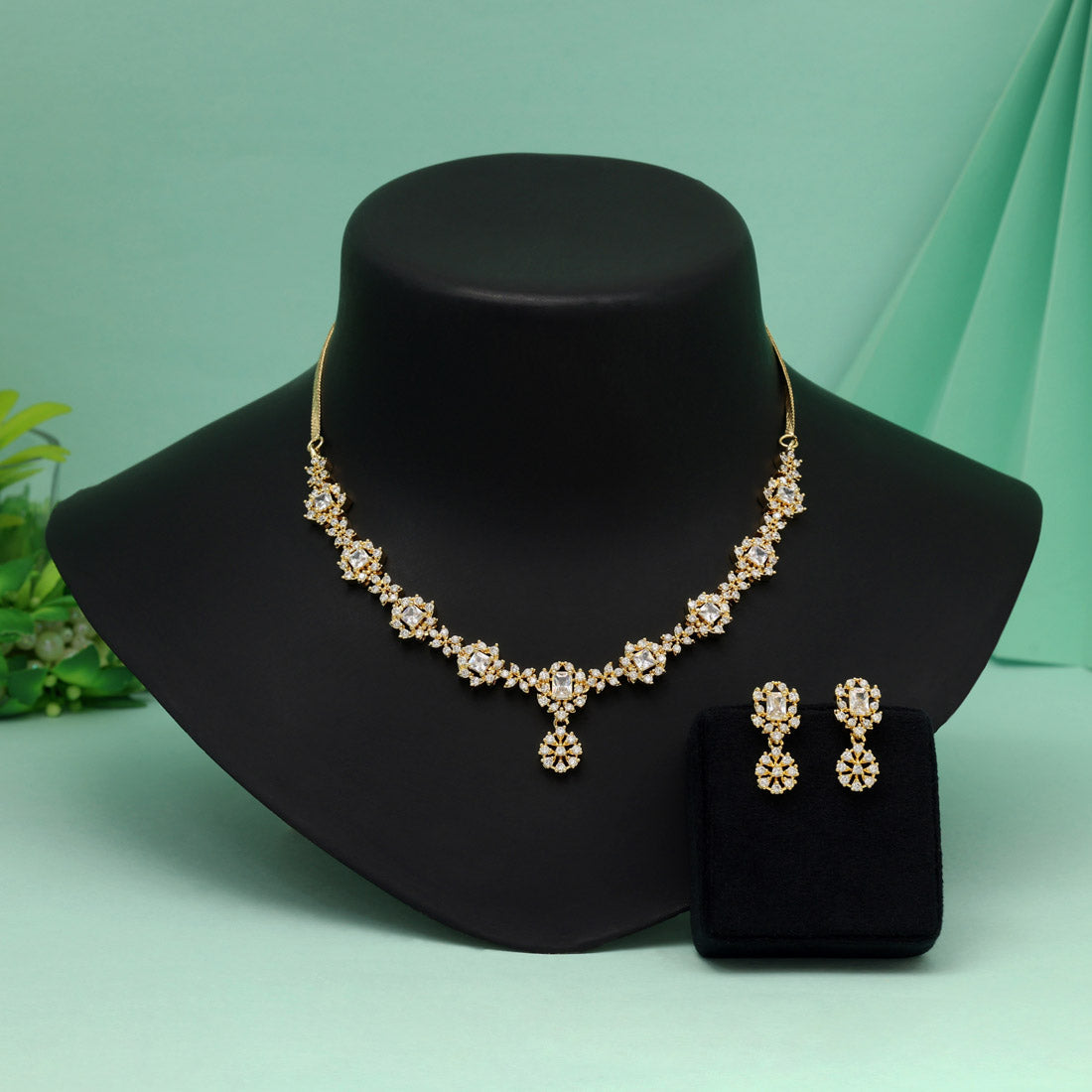 White Color American Diamond Necklace Set With Stylish Gemstone Center Design