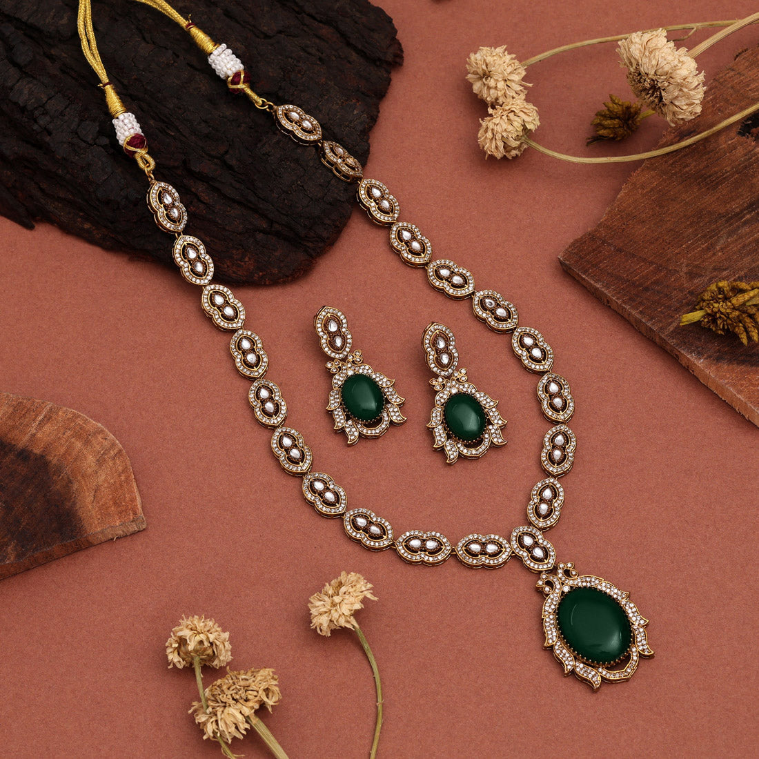 Green Color American Diamond Necklaces Set For Glamorous Party Looks