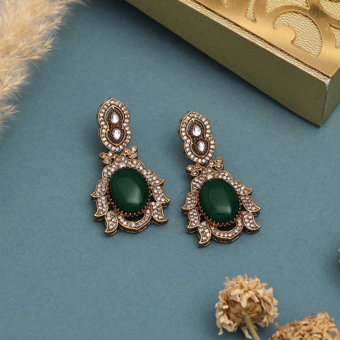 Green Color American Diamond Necklaces Set For Glamorous Party Looks
