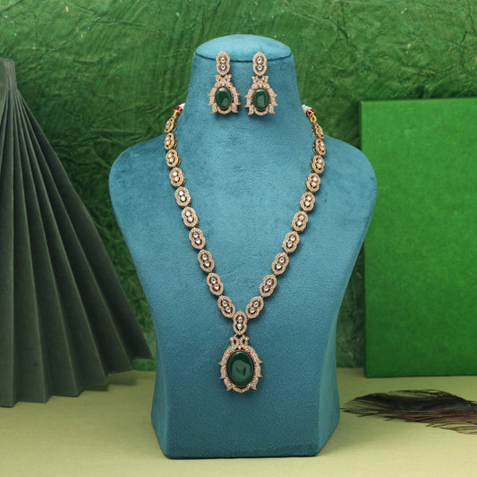 Green Color American Diamond Necklaces Set For Glamorous Party Looks
