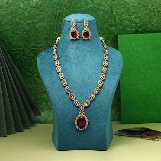 Wedding Style Maroon Color American Diamond Necklaces Set For Women