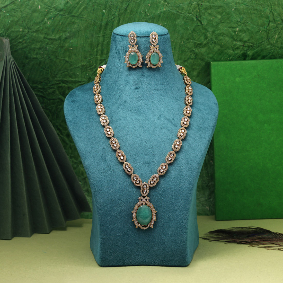Trendy Pista Green Color American Diamond Necklaces Set With Sparkles