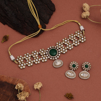 Green Color Choker American Diamond Necklaces Set For Elegant Styling