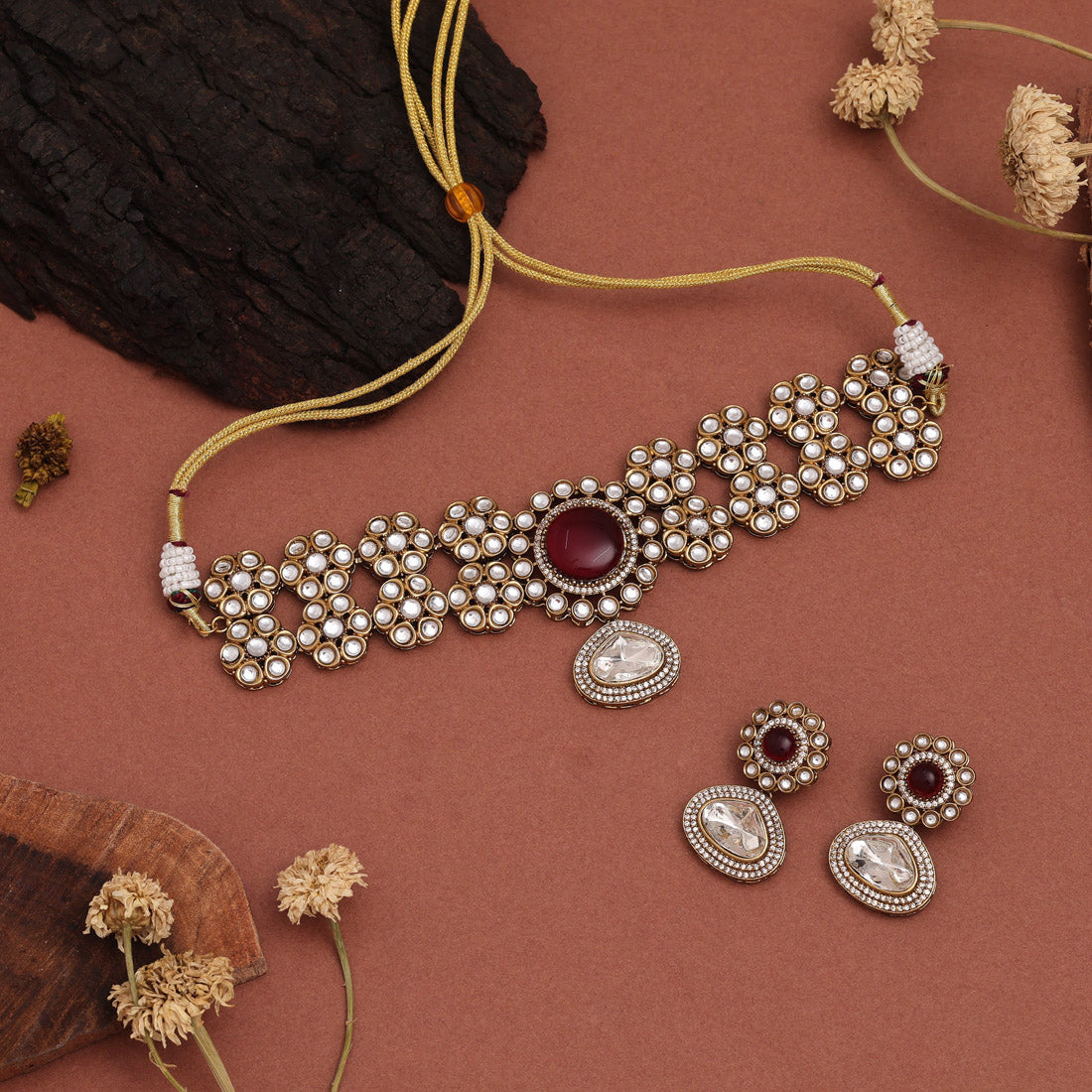 Red Color Choker American Diamond Necklaces Set For Glam Festive Look