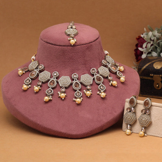 Timeless Gold Color American Diamond Necklaces Set For Party Celebrations