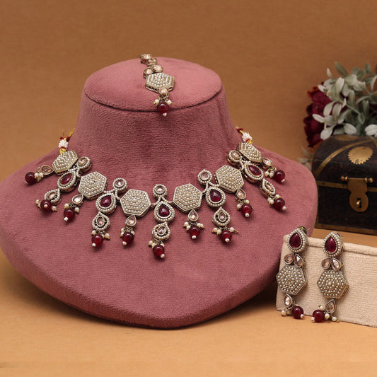 Royal Maroon Color American Diamond Necklaces Set For Wedding Occasions