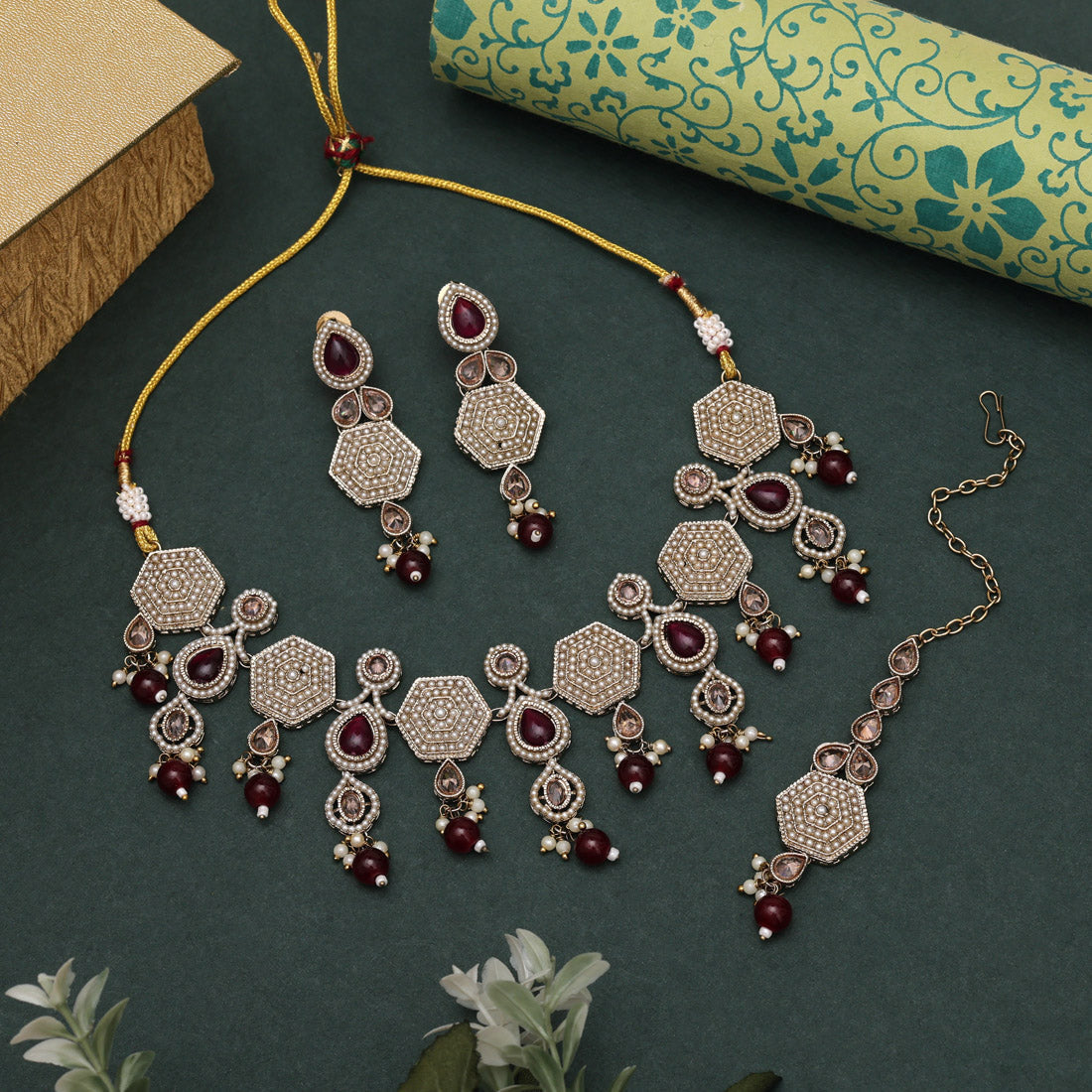 Royal Maroon Color American Diamond Necklaces Set For Wedding Occasions