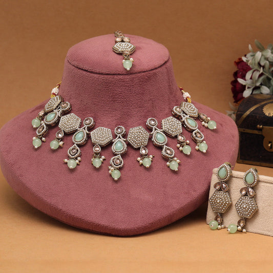 Stylish Pista Green Color American Diamond Necklaces Set For Special Events