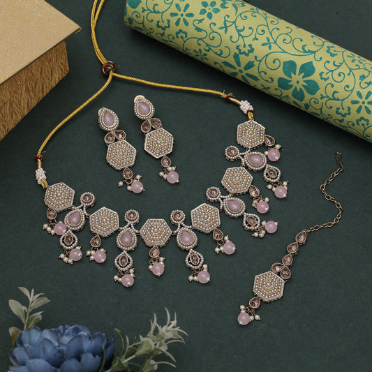 Elegant Pink Color American Diamond Necklaces Set With Sparkling Stone Finish