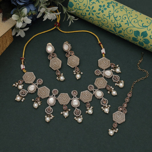 Graceful White Color American Diamond Necklaces Set For Formal Wear